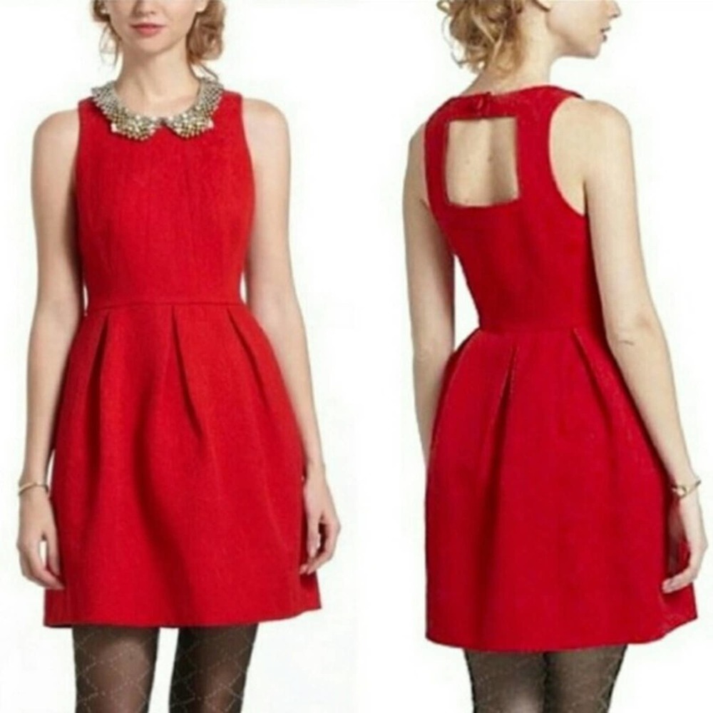 Anthropologie Red Brocade Dress Moulinette Seours Size 6